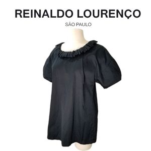 Reinaldo Lourenço Looped Collar Detail Puffed Short Sleeve Black Cotton Blouse